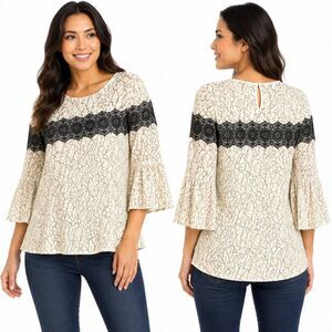 LOFT Ivory Lace Bell Sleeve Blouse Women’s L